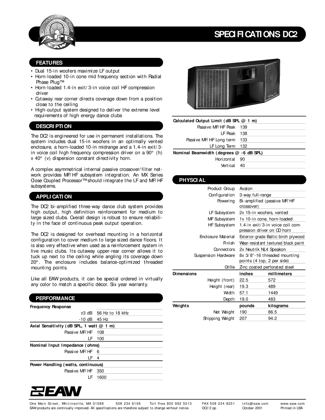 EAW DC2 specifications Features, Description, Application, Performance, Physcial 