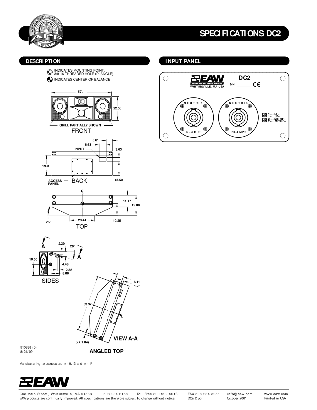 EAW DC2 specifications Description Input Panel, Back, Sides 