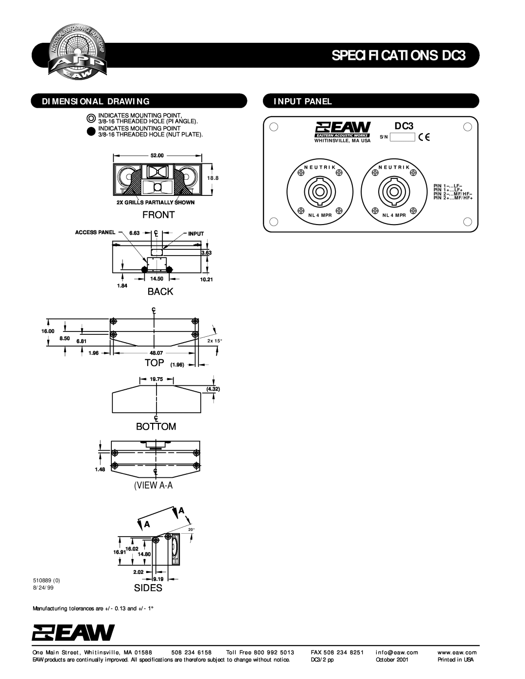 EAW specifications Dimensional Drawing, Input Panel, SPECIFICATIONS DC3, Bottom, View A-A, 18.8, 8/24/99 