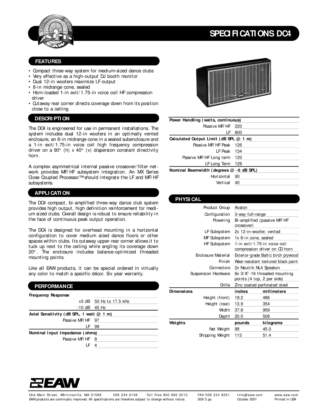 EAW DC4 specifications Features, Description, Application, Performance, Physical 