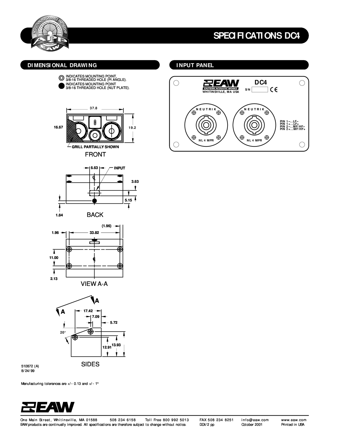 EAW Dimensional Drawing, Input Panel, SPECIFICATIONS DC4, Front, 1.84BACK, View A-A, Sides, 37.8, 16.67, 19.2, 6.63 CL 