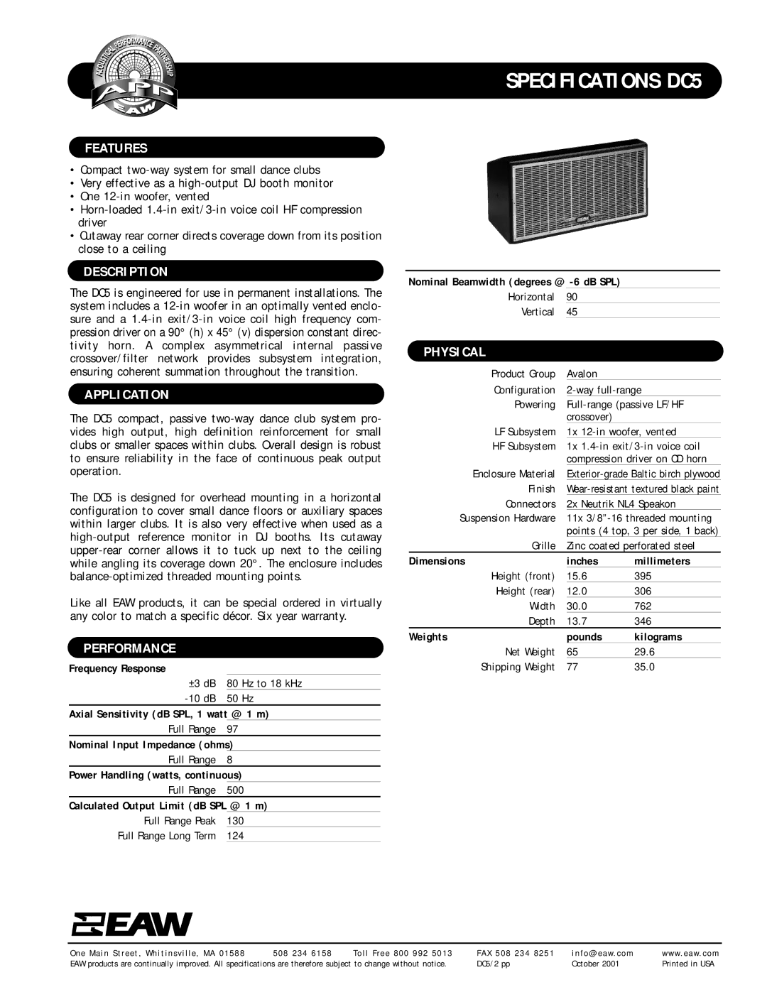 EAW DC5 specifications Features, Description, Application, Performance, Physical 