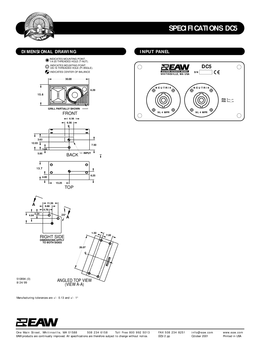 EAW DC5 specifications Dimensional Drawing, Input Panel 