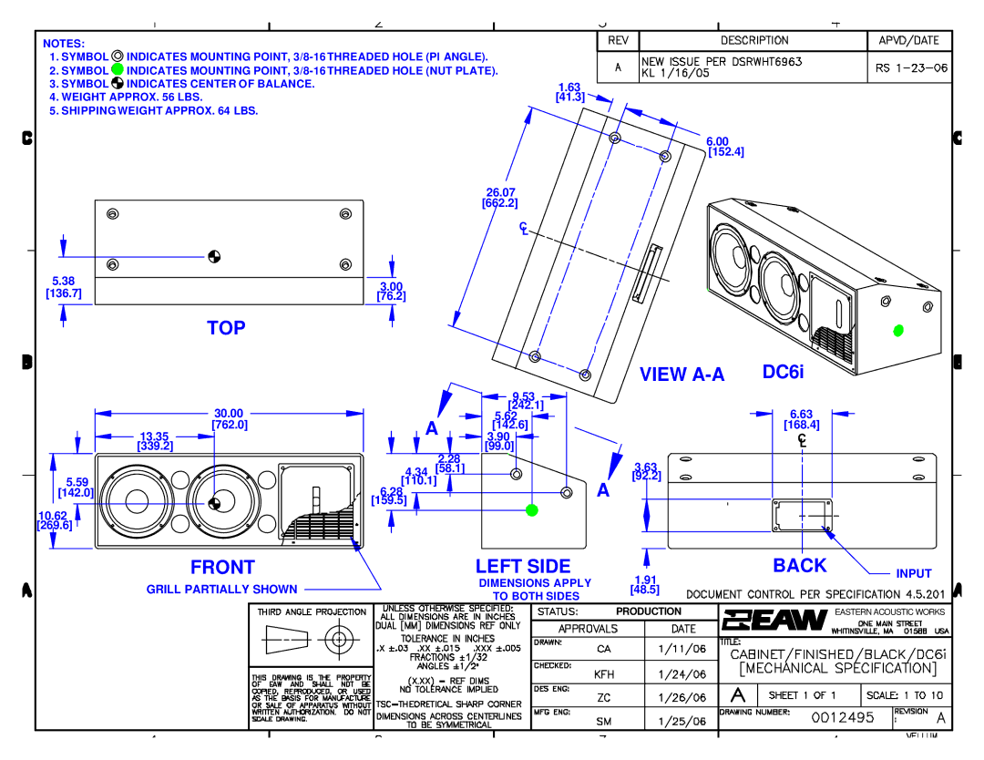 EAW DC6i 2D dimensions TOP View A-A, Front Left Side Back 