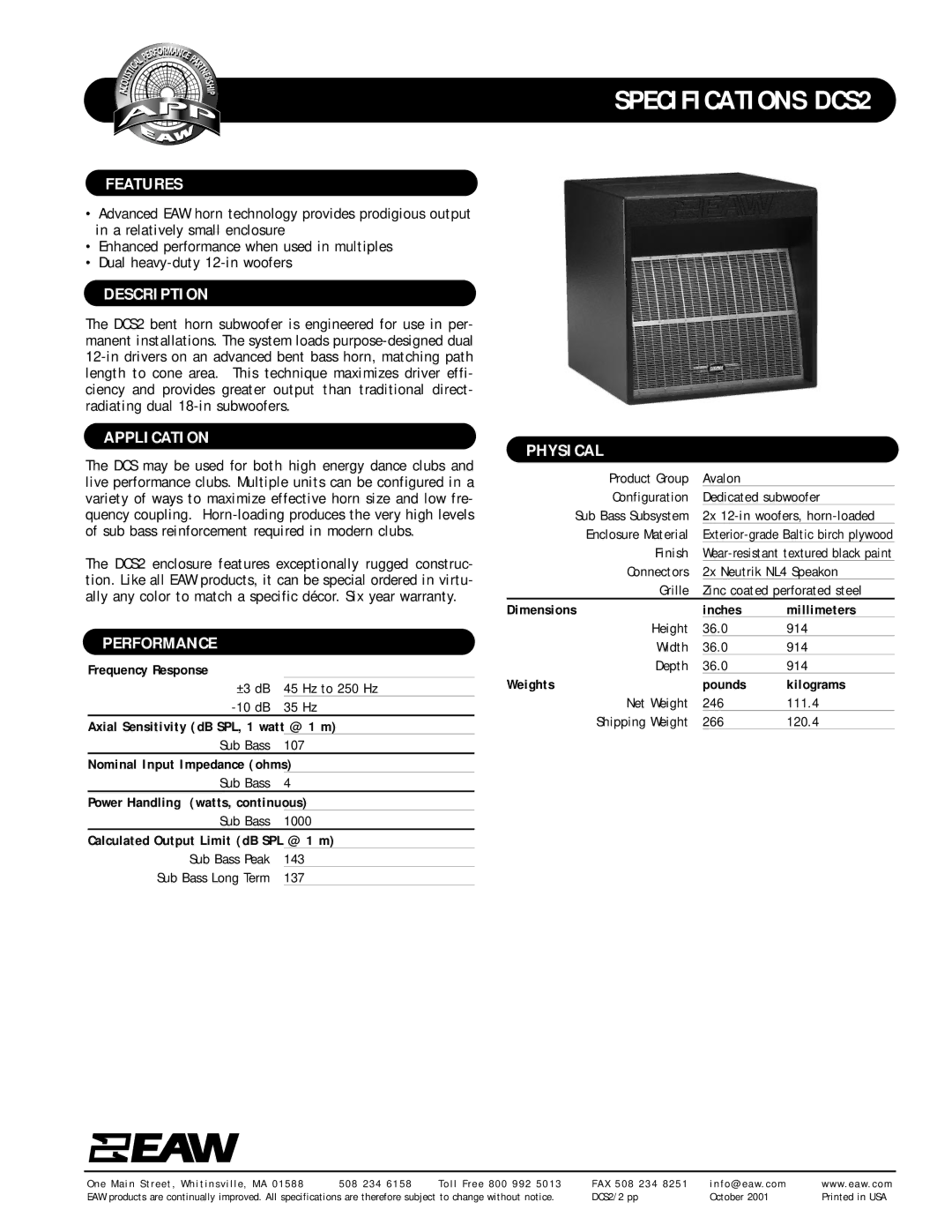 EAW DCS2 specifications Features, Description, Application, Performance, Physical 