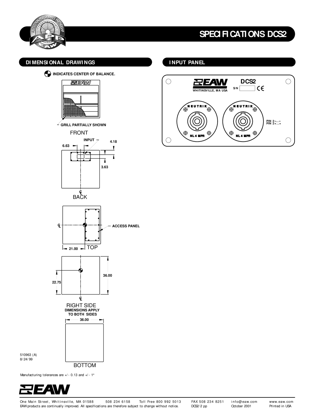 EAW DCS2 specifications Dimensional Drawings, Input Panel 