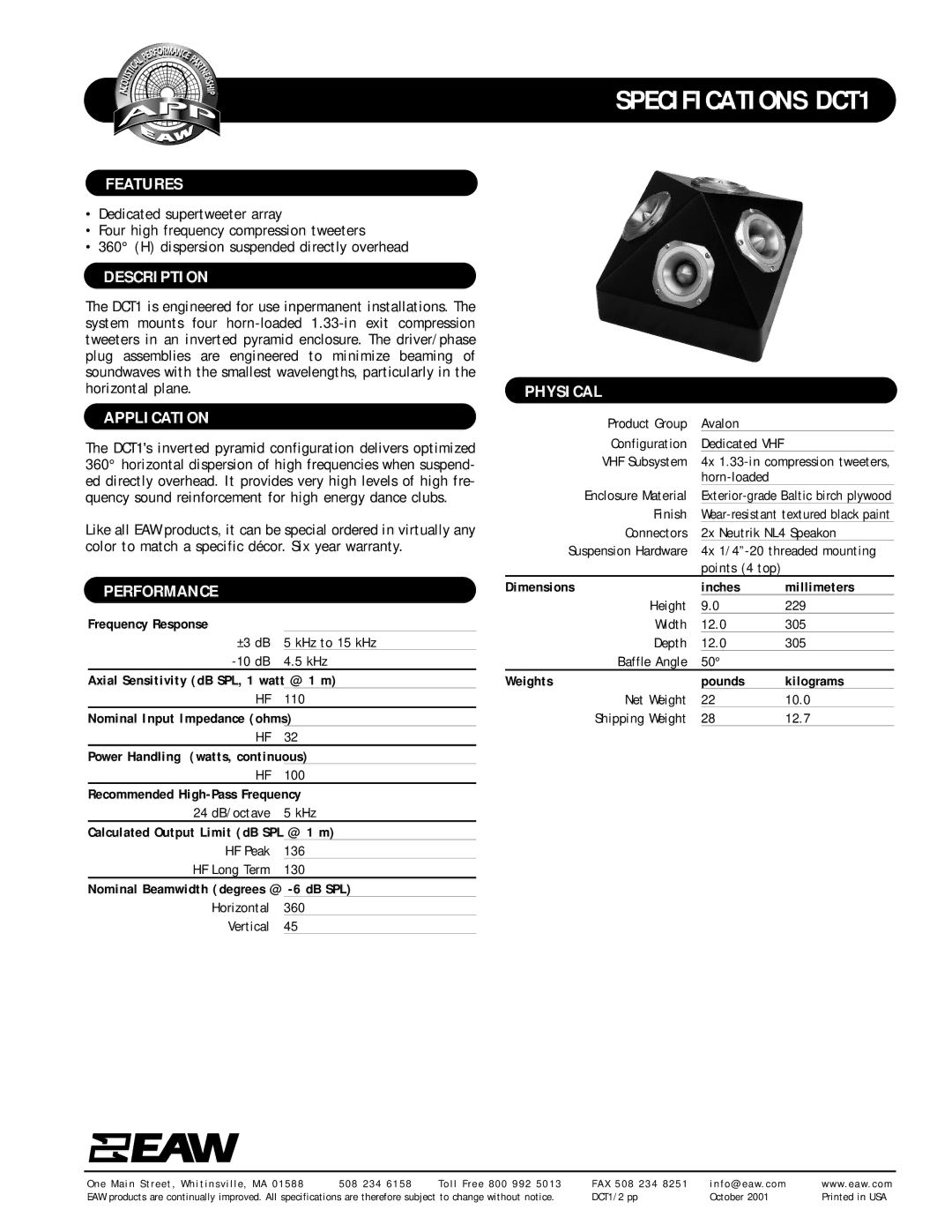 EAW DCT1 specifications Features, Description, Application, Performance, Physical 