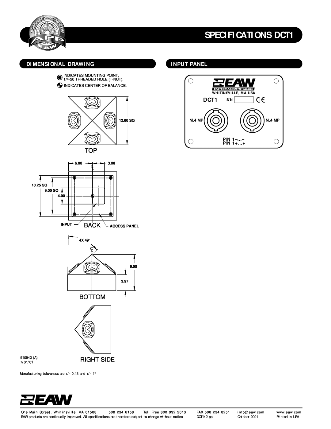 EAW Dimensional Drawing, Input Panel, SPECIFICATIONS DCT1, Bottom, Right Side, PIN PIN 1+...+, NL4 MP, 12.00 SQ, 6.00 