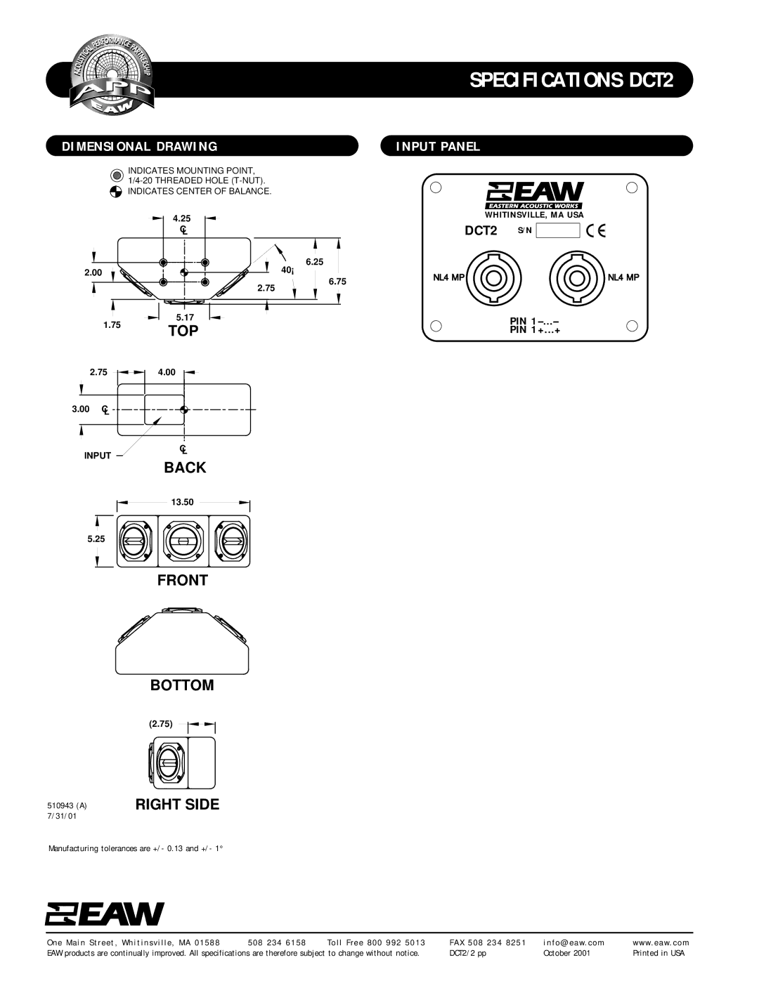 EAW DCT2 specifications Dimensional Drawing, Input Panel 