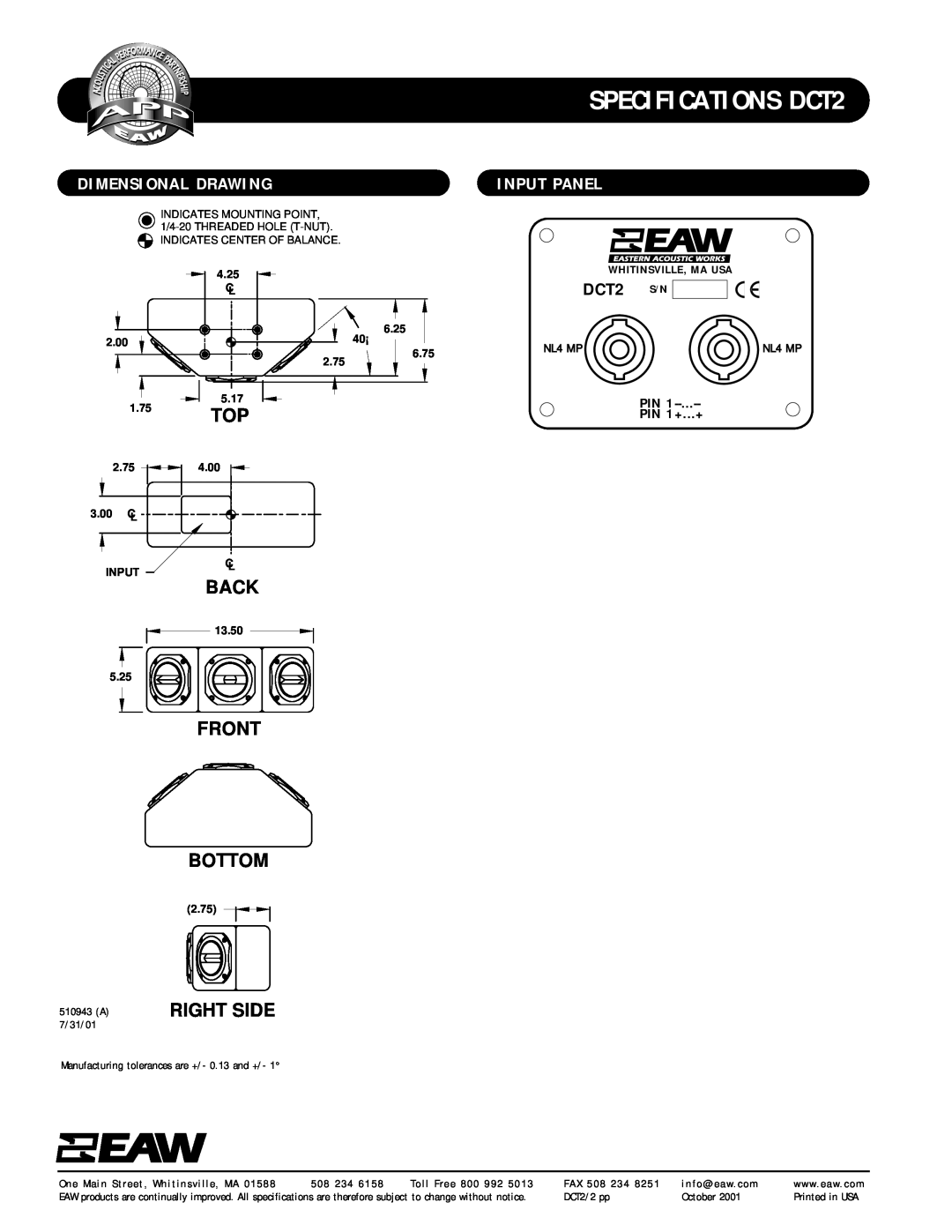 EAW Dimensional Drawing, Input Panel, SPECIFICATIONS DCT2, Back, Front Bottom, Right Side, PIN PIN 1+...+, 2.00, NL4 MP 
