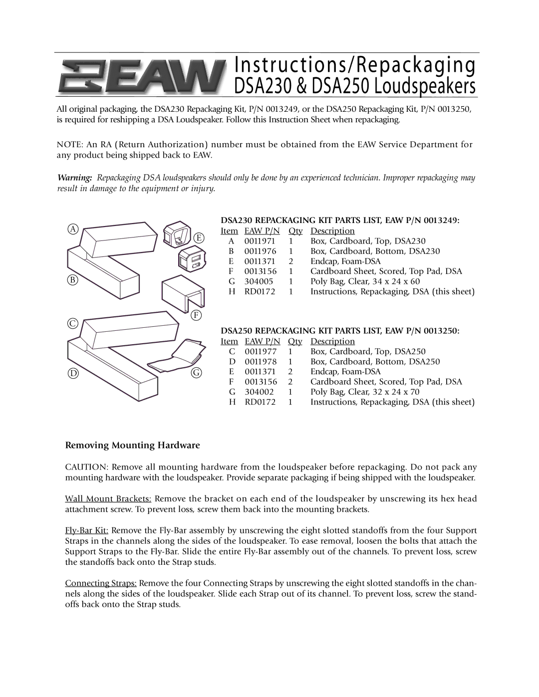 EAW DSA230 & DSA250 instruction sheet Removing Mounting Hardware, DSA230 Repackaging KIT Parts LIST, EAW P/N 