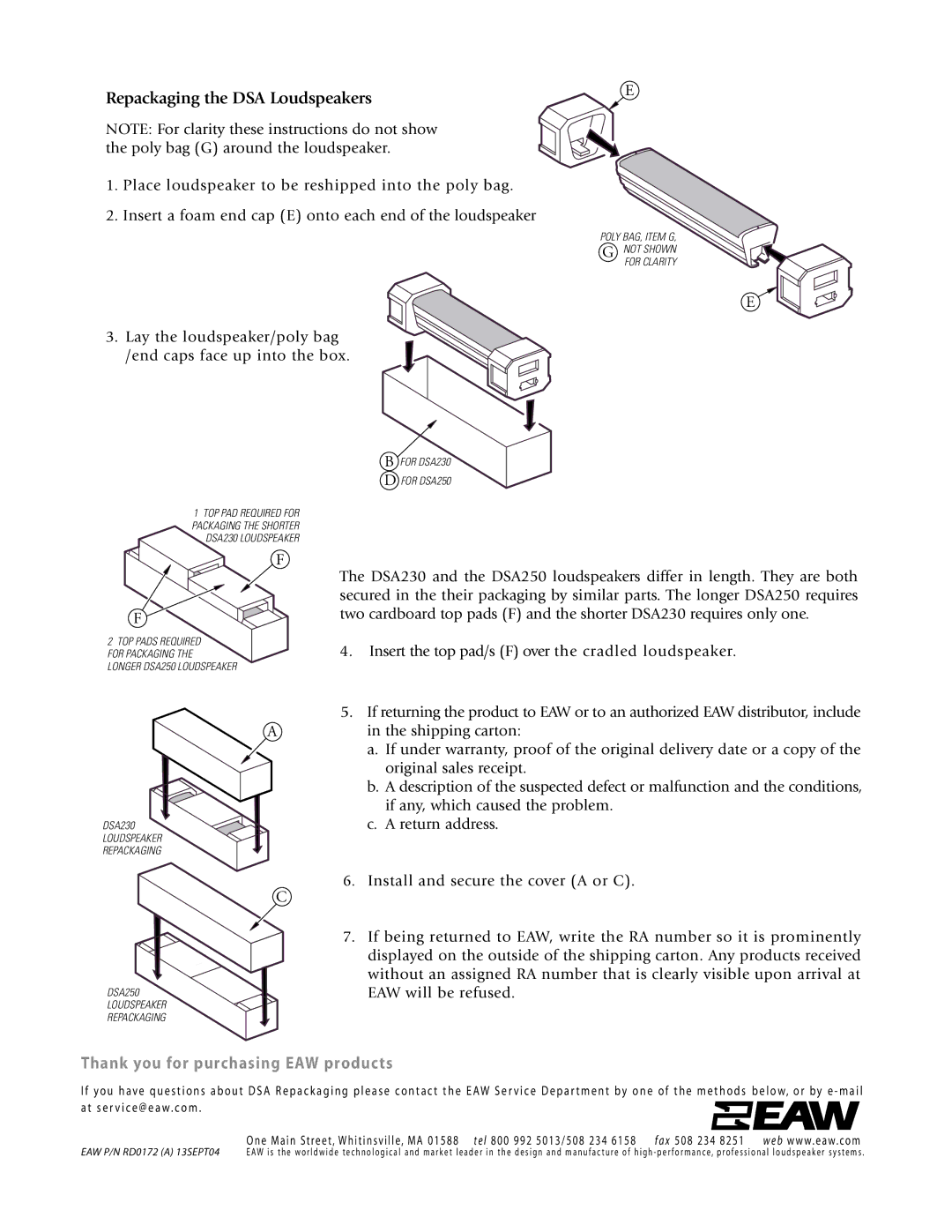 EAW DSA230 & DSA250 instruction sheet Repackaging the DSA Loudspeakers, Return address 