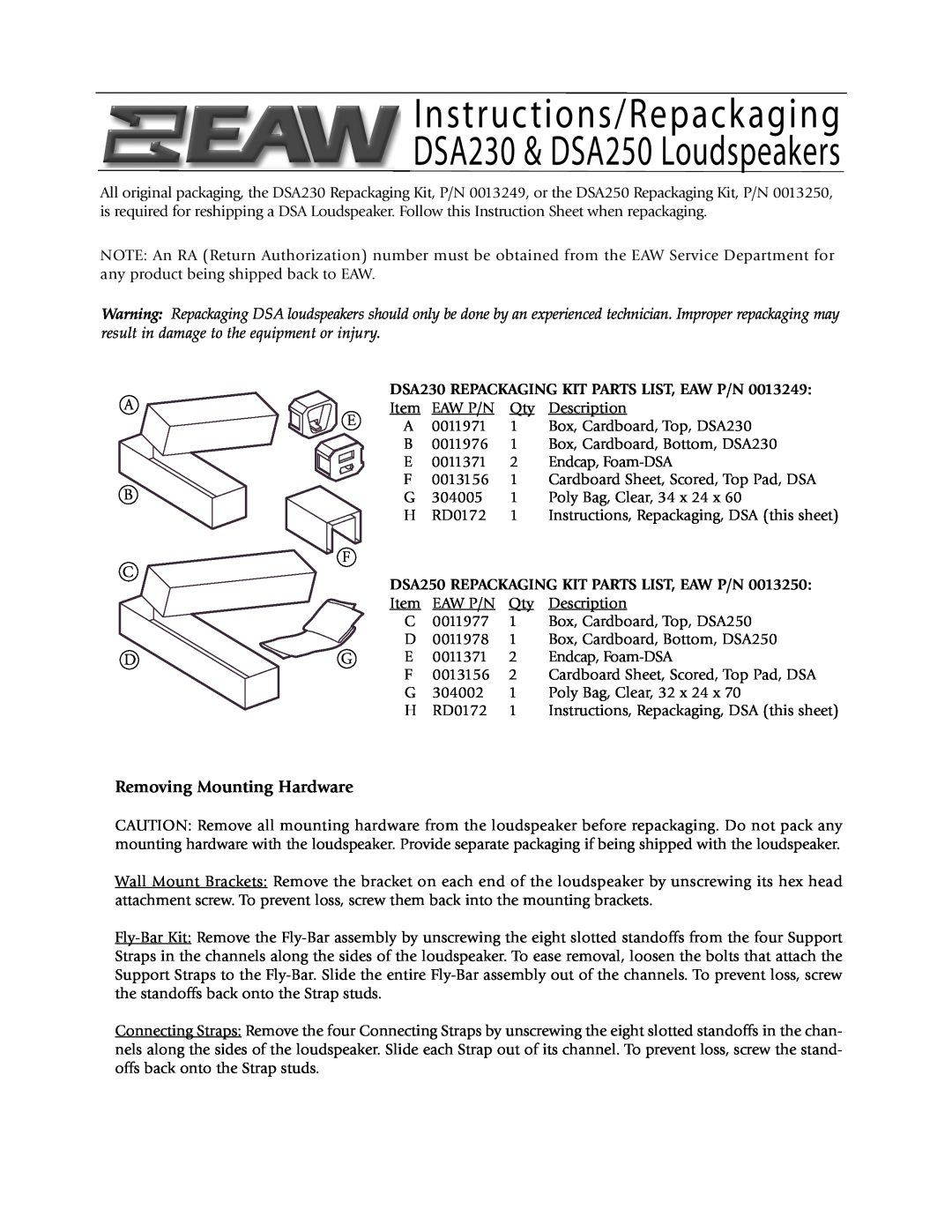 EAW instruction sheet Removing Mounting Hardware, Instruc tions/Repack aging, DSA230 & DSA250 Loudspeakers 