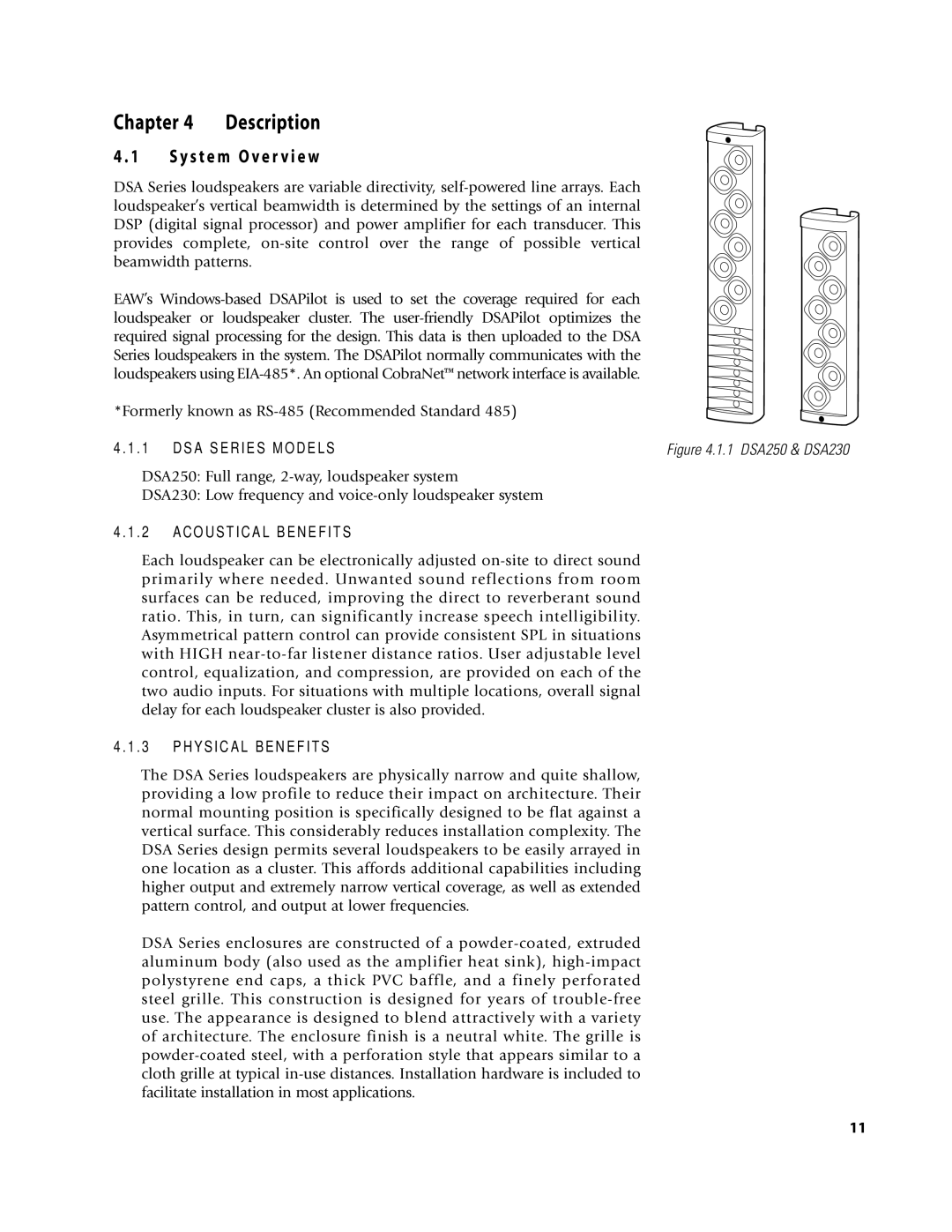 EAW DSA250 & DSA230 owner manual Y s t e m O ve r v i e w, A S E R I E S M O D E L S, O U S T I C a L B E N E F I T S 