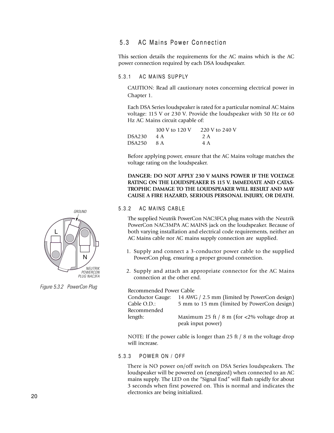 EAW DSA250 & DSA230 owner manual C M a i n s P o w e r C o n n e c t i o n, O W E R O N / O F F 