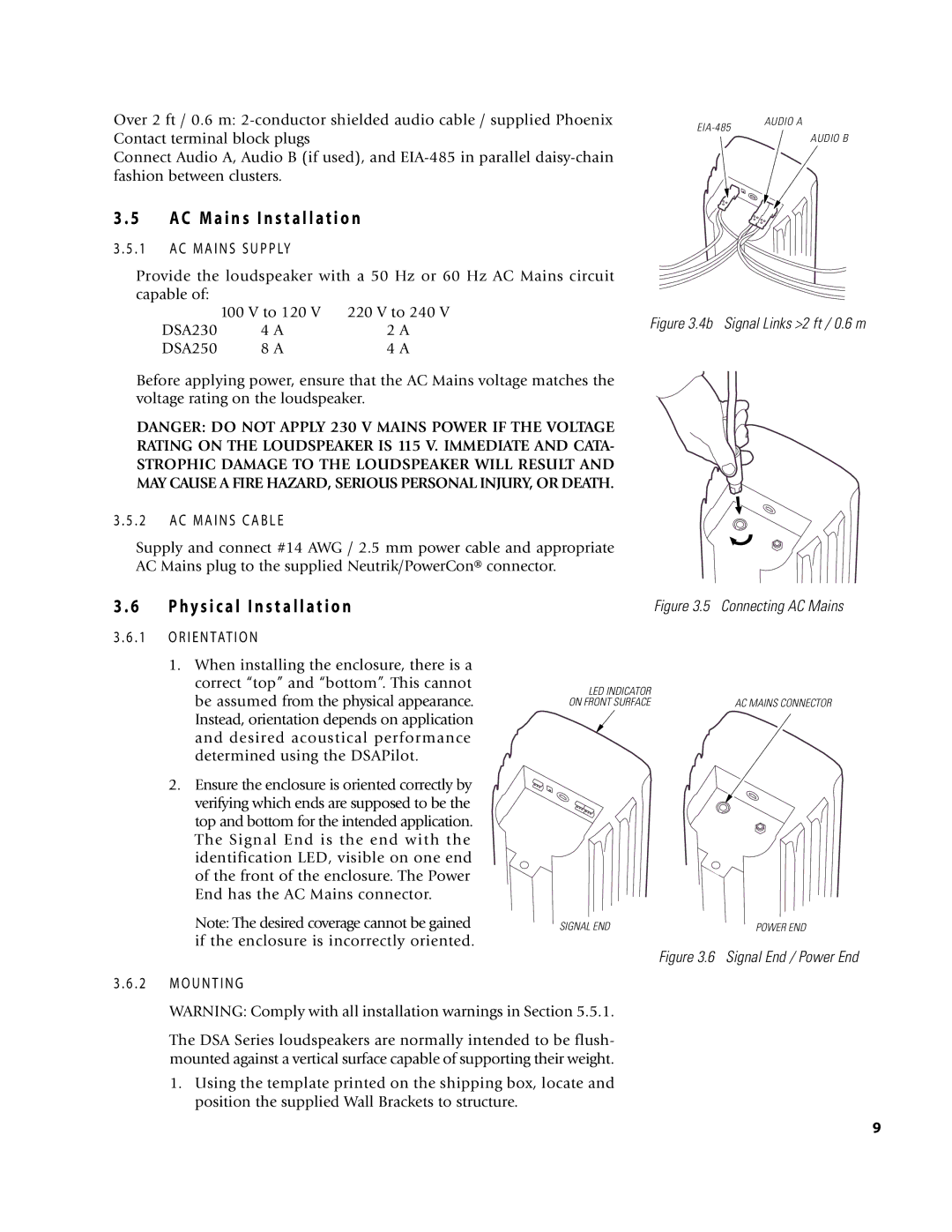 EAW DSA250 & DSA230 owner manual AC M a i n s Installation, Hy s i c a l Installation 