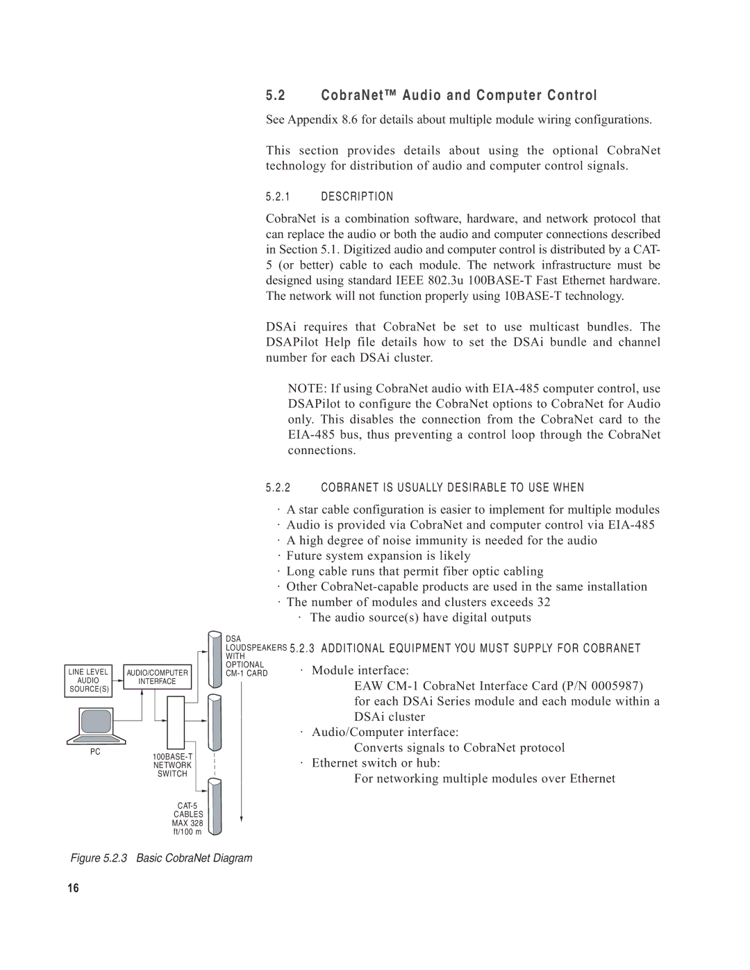 EAW DSA250i, DSA230i owner manual CobraNet Audio and Computer Control, Basic CobraNet Diagram 