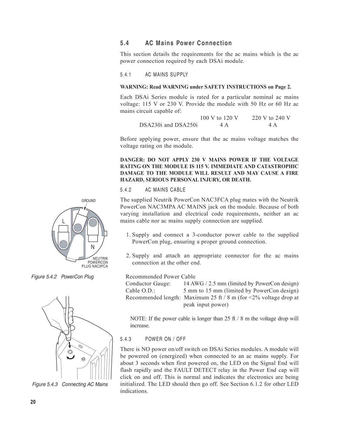 EAW DSA250i, DSA230i owner manual AC Mains Power Connection, PowerCon Plug 