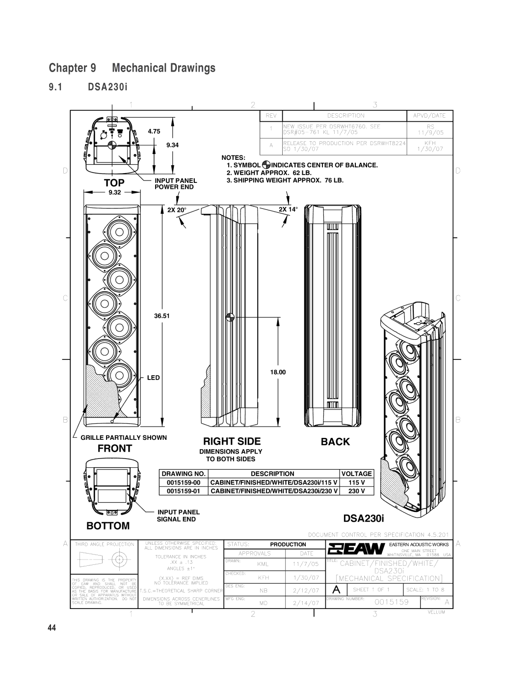 EAW DSA250i, DSA230i owner manual Mechanical Drawings, Right Side Back 