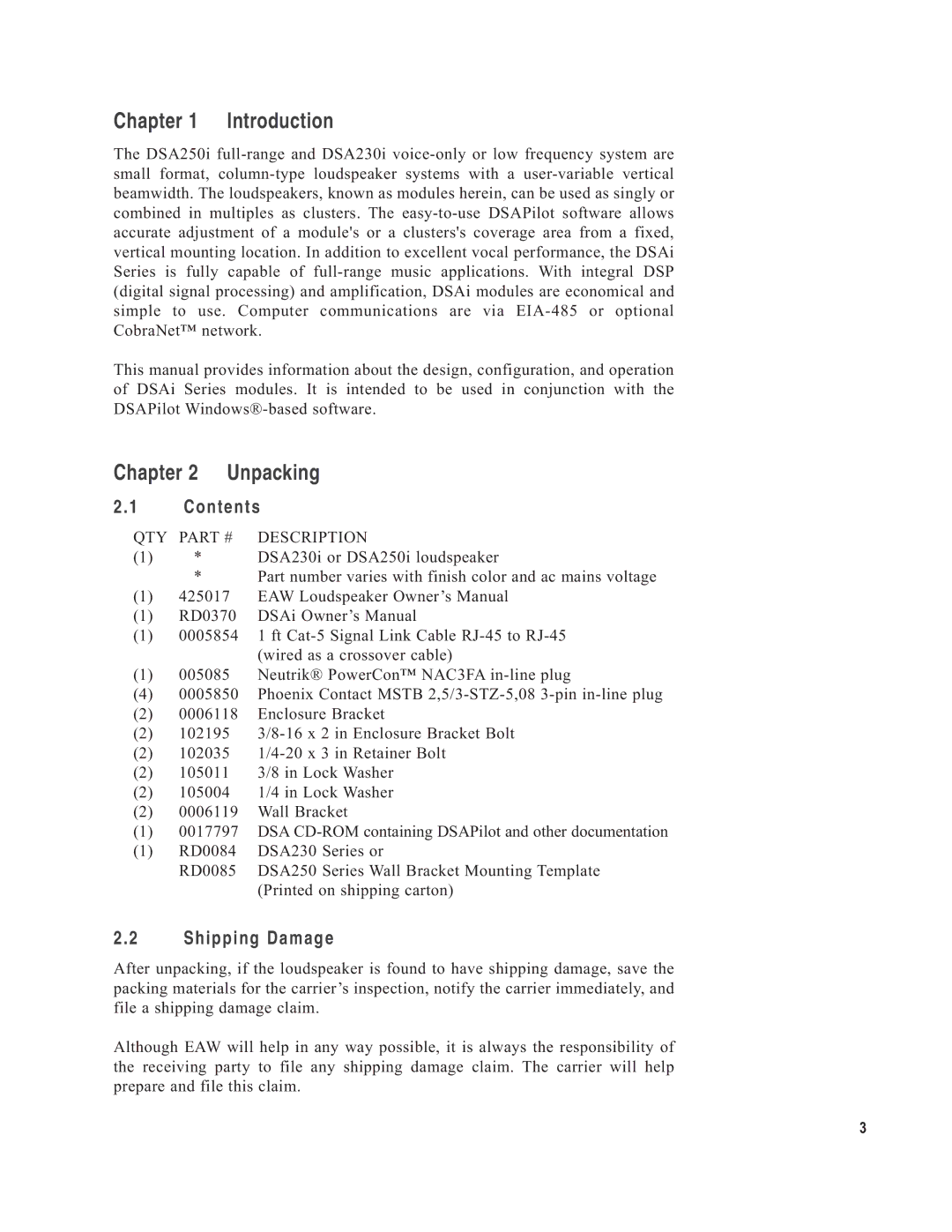 EAW DSA230i, DSA250i owner manual Introduction, Unpacking, Contents, Shipping Damage 