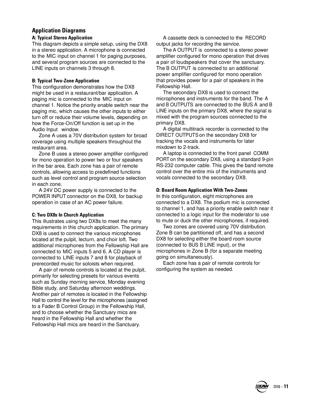 EAW Application Diagrams, Typical Stereo Application, Typical Two-Zone Application, Two DX8s In Church Application 