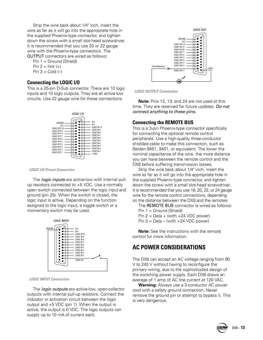 EAW DX8 instruction manual AC Power Considerations, Connecting the Logic I/O, Connecting the Remote BUS 