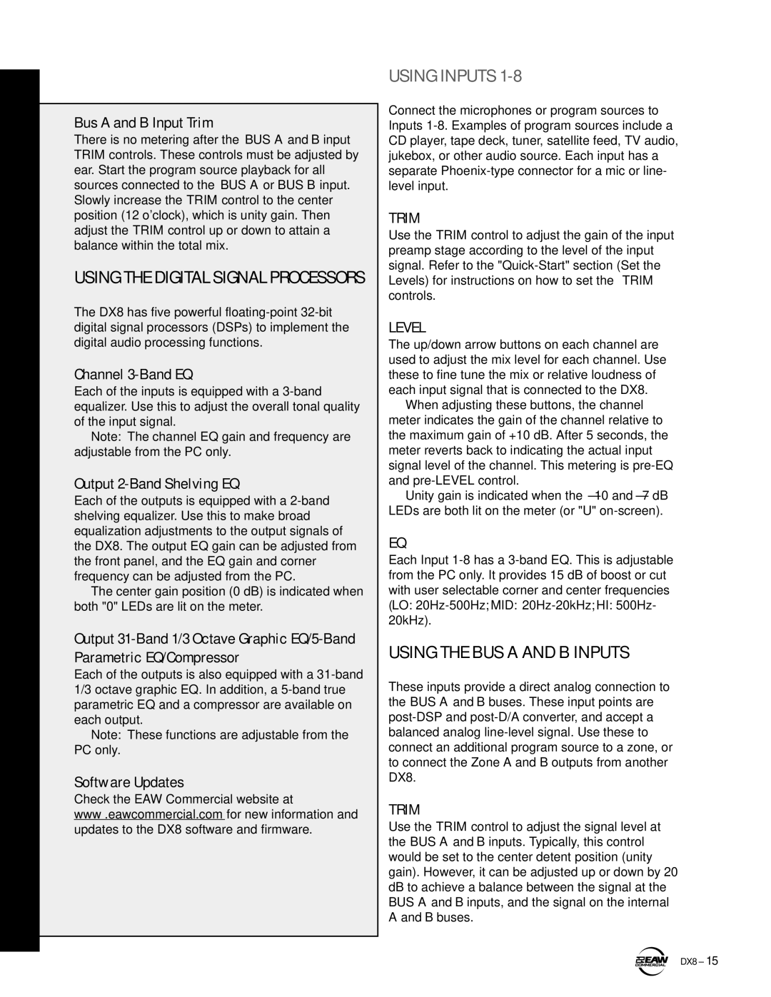 EAW DX8 Using the BUS a and B Inputs, Bus a and B Input Trim, Channel 3-Band EQ, Output 2-Band Shelving EQ 