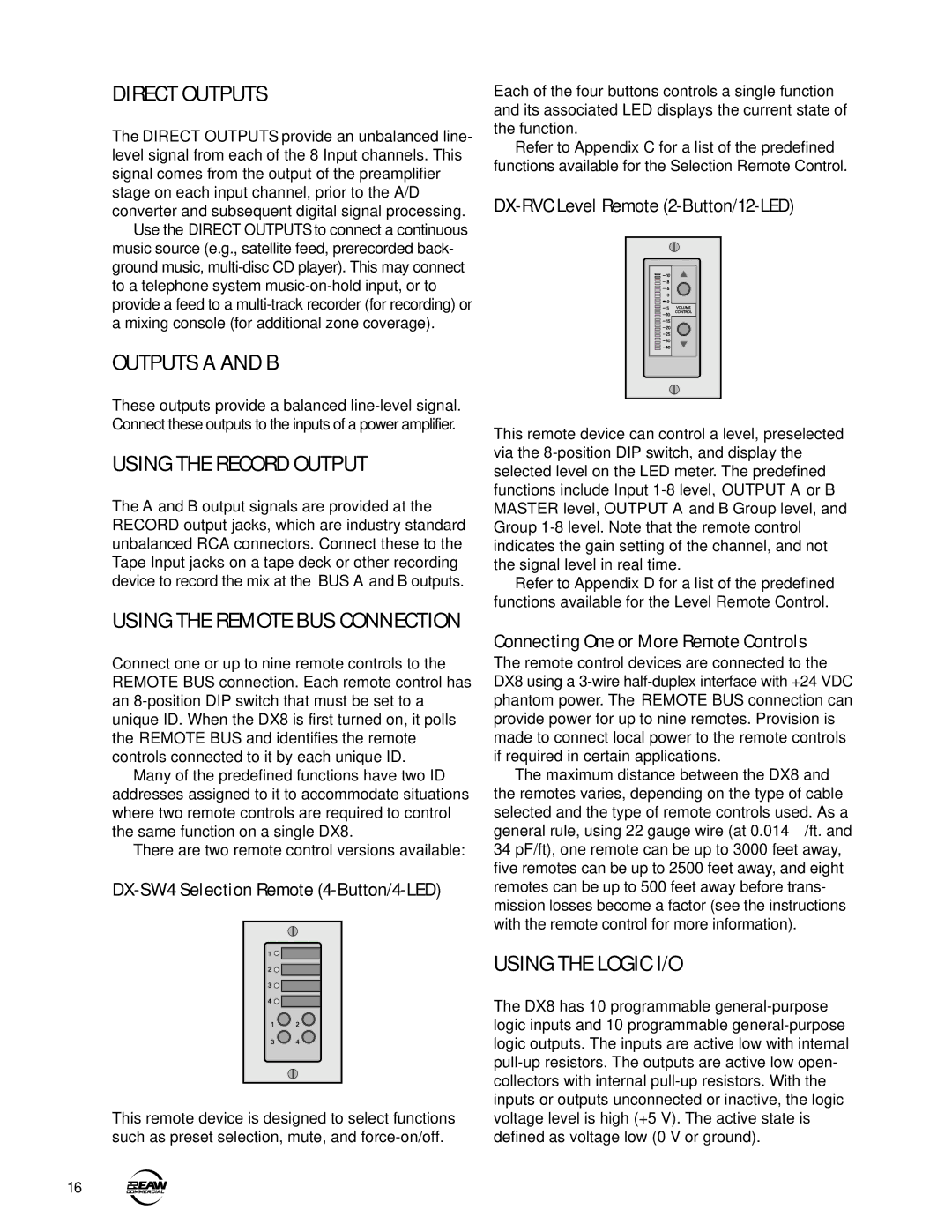 EAW DX8 instruction manual Direct Outputs, Outputs a and B, Using the Record Output, Using the Logic I/O 