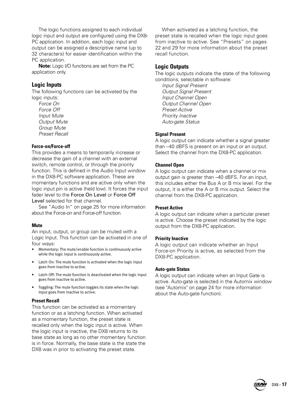 EAW DX8 instruction manual Logic Inputs, Logic Outputs 