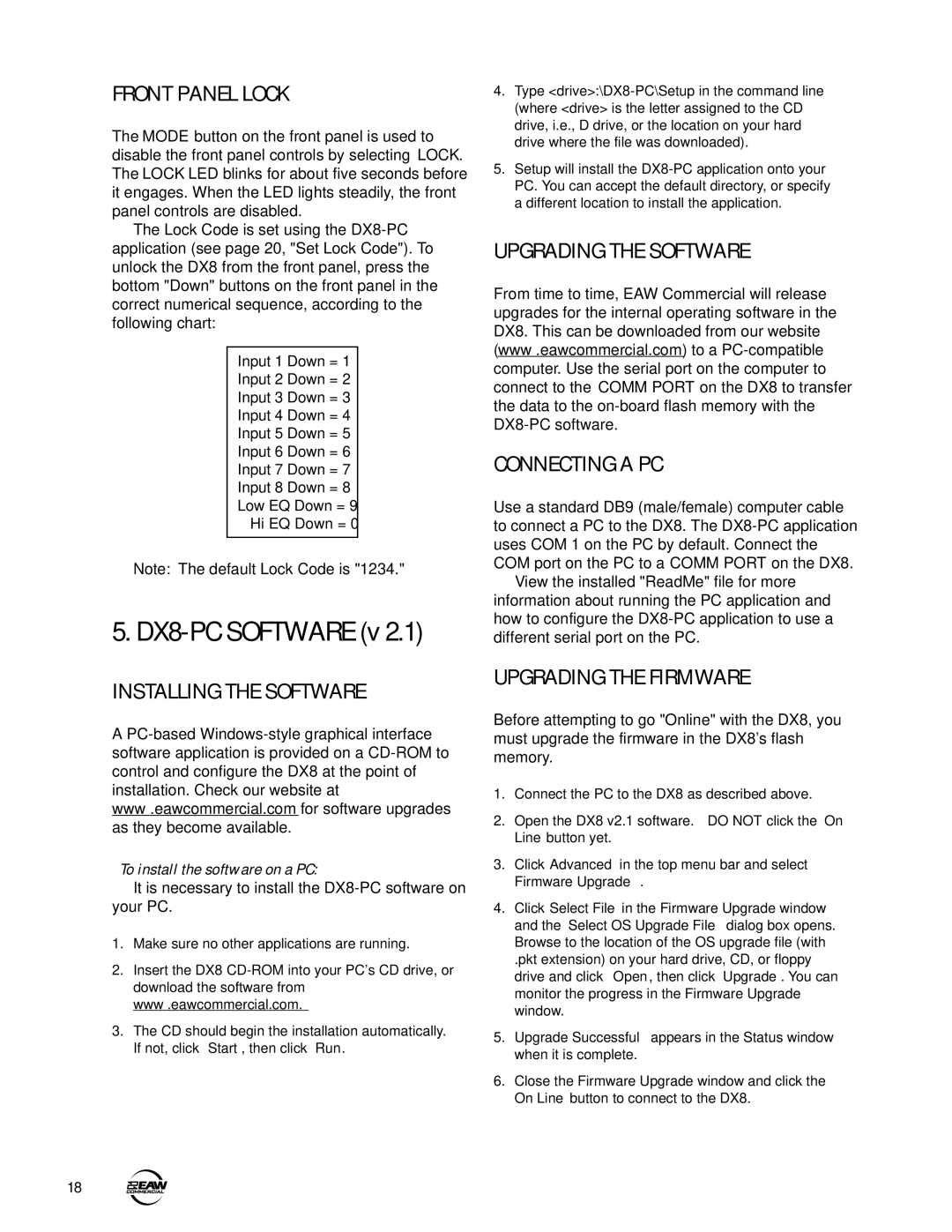 EAW DX8 Front Panel Lock, Installing the Software, Upgrading the Software Connecting a PC, Upgrading the Firmware 