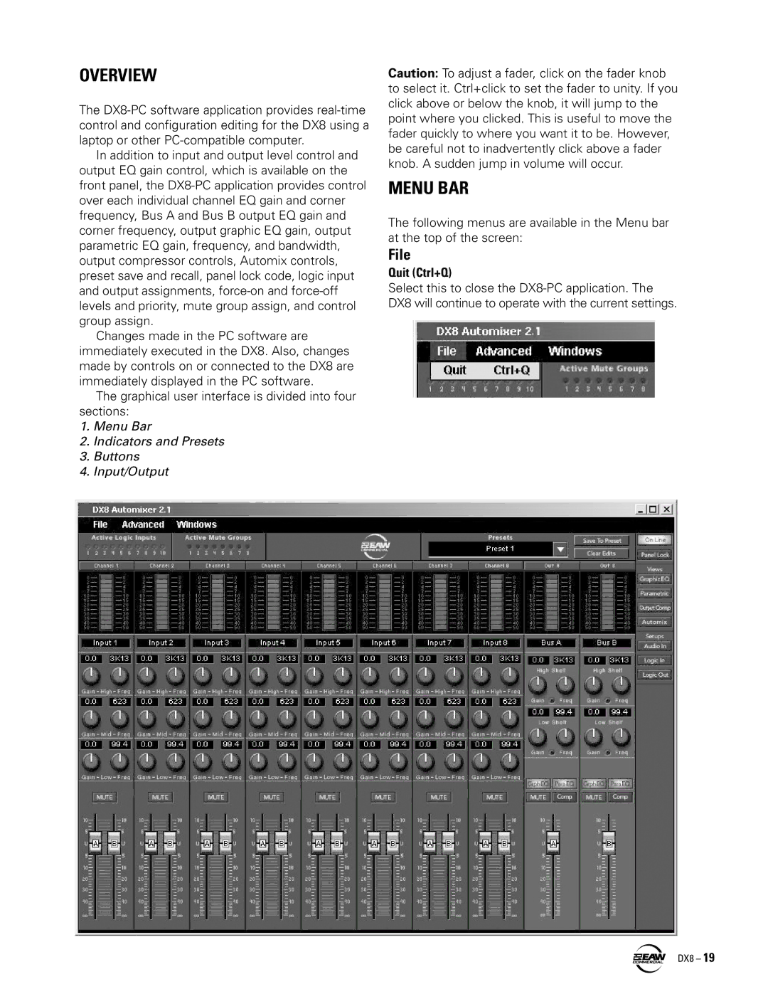 EAW DX8 instruction manual Overview, Menu BAR, File, Quit Ctrl+Q 