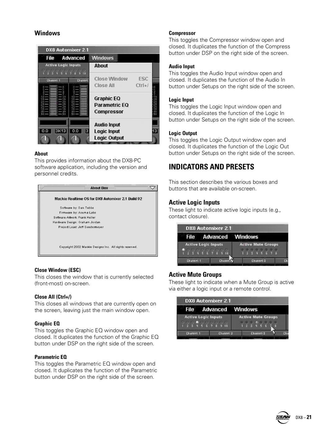 EAW DX8 instruction manual Indicators and Presets, Windows, Active Logic Inputs, Active Mute Groups 