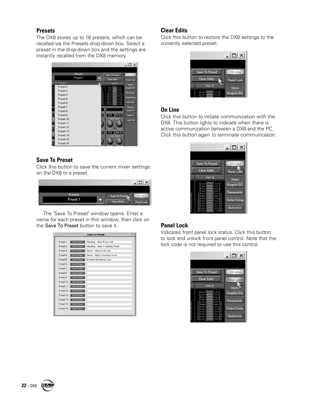 EAW DX8 instruction manual Presets, Clear Edits, On Line, Save To Preset, Panel Lock 