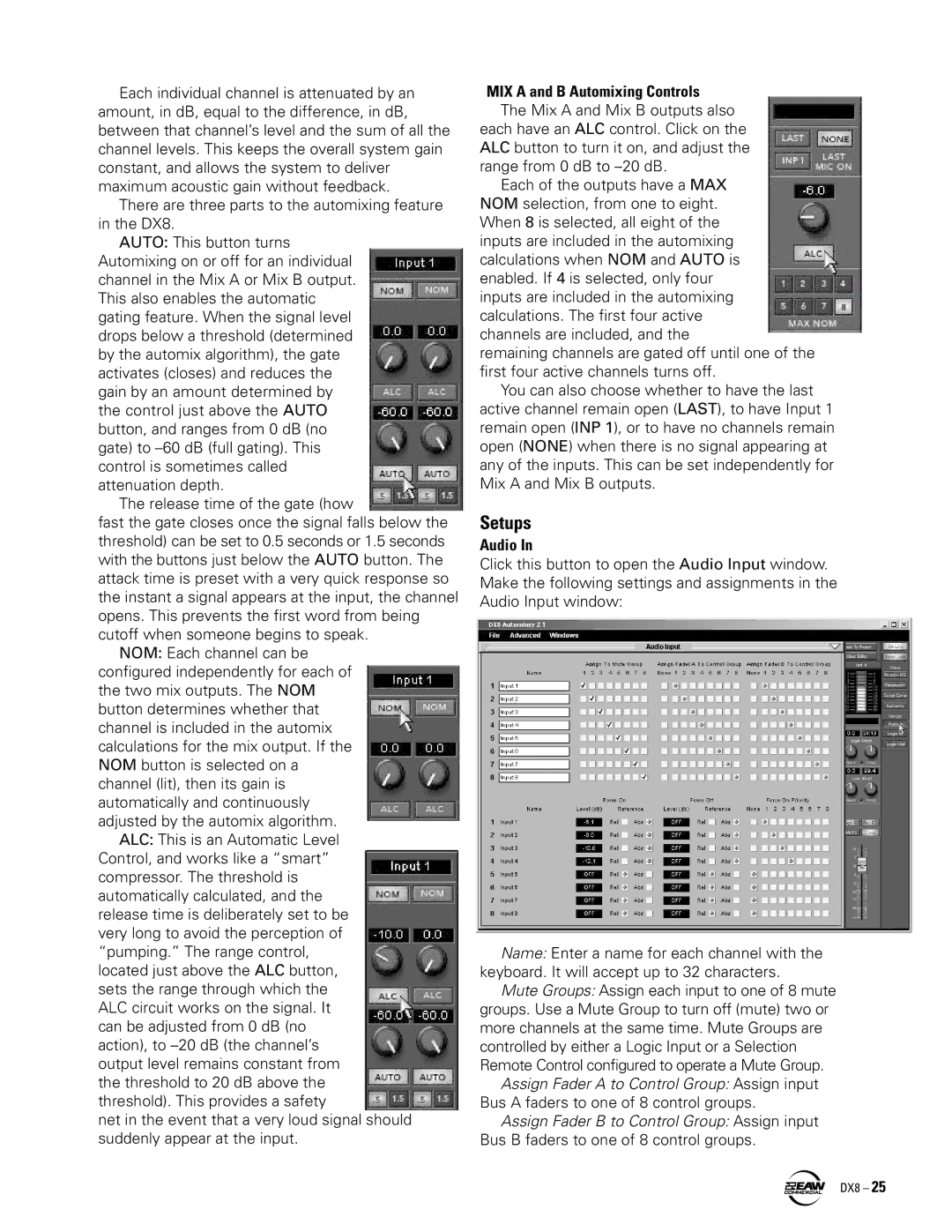 EAW DX8 instruction manual Setups, MIX a and B Automixing Controls, Audio 