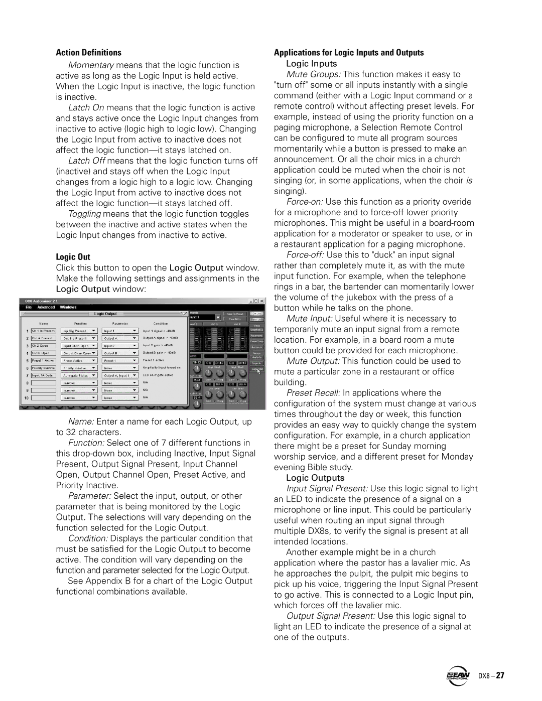 EAW DX8 instruction manual Action Definitions, Logic Out, Applications for Logic Inputs and Outputs 