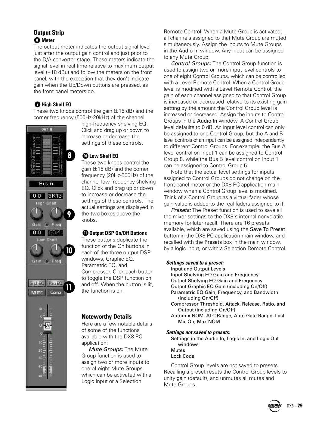 EAW DX8 instruction manual Output Strip, Output DSP On/Off Buttons 