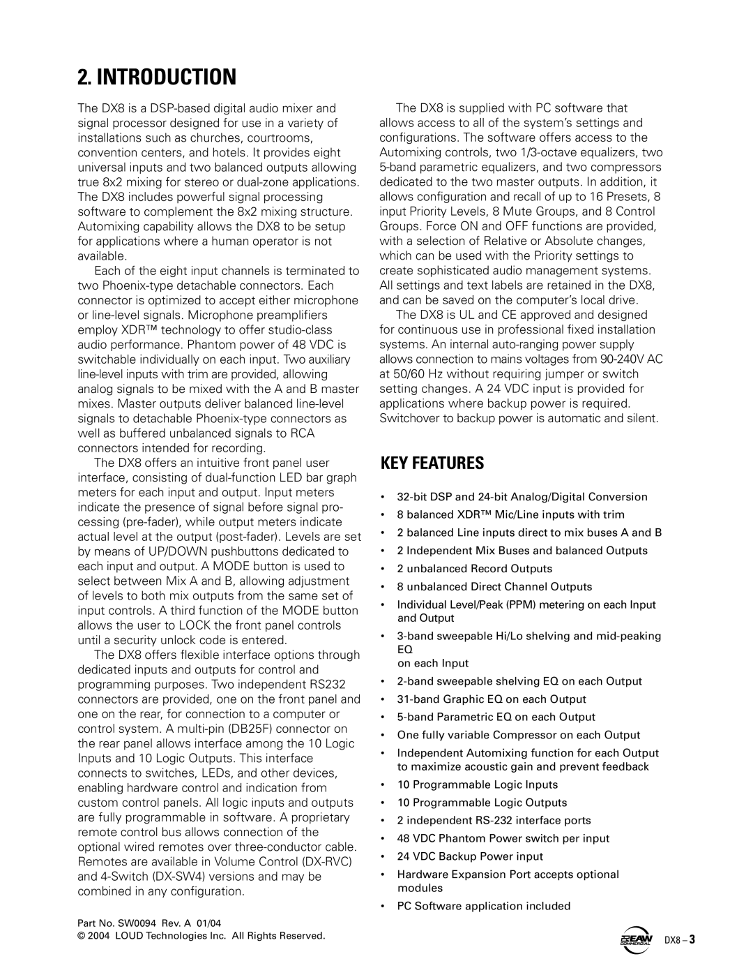 EAW DX8 instruction manual Introduction, KEY Features 