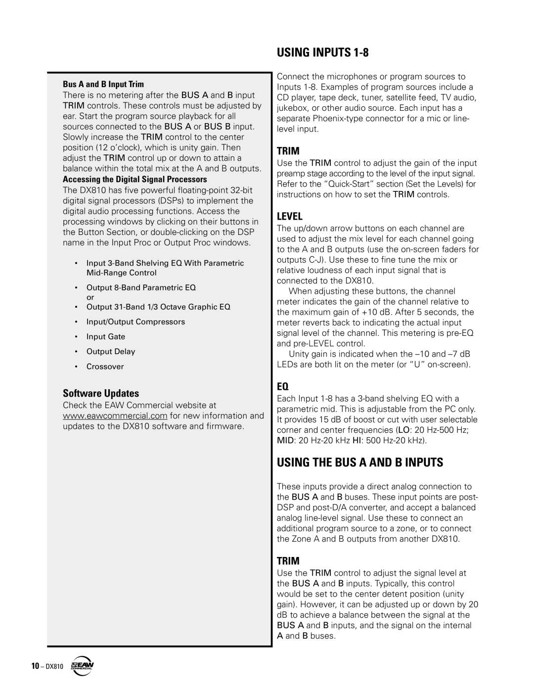 EAW DX810 instruction manual Using Inputs, Using the BUS a and B Inputs, Software Updates, Bus a and B Input Trim 