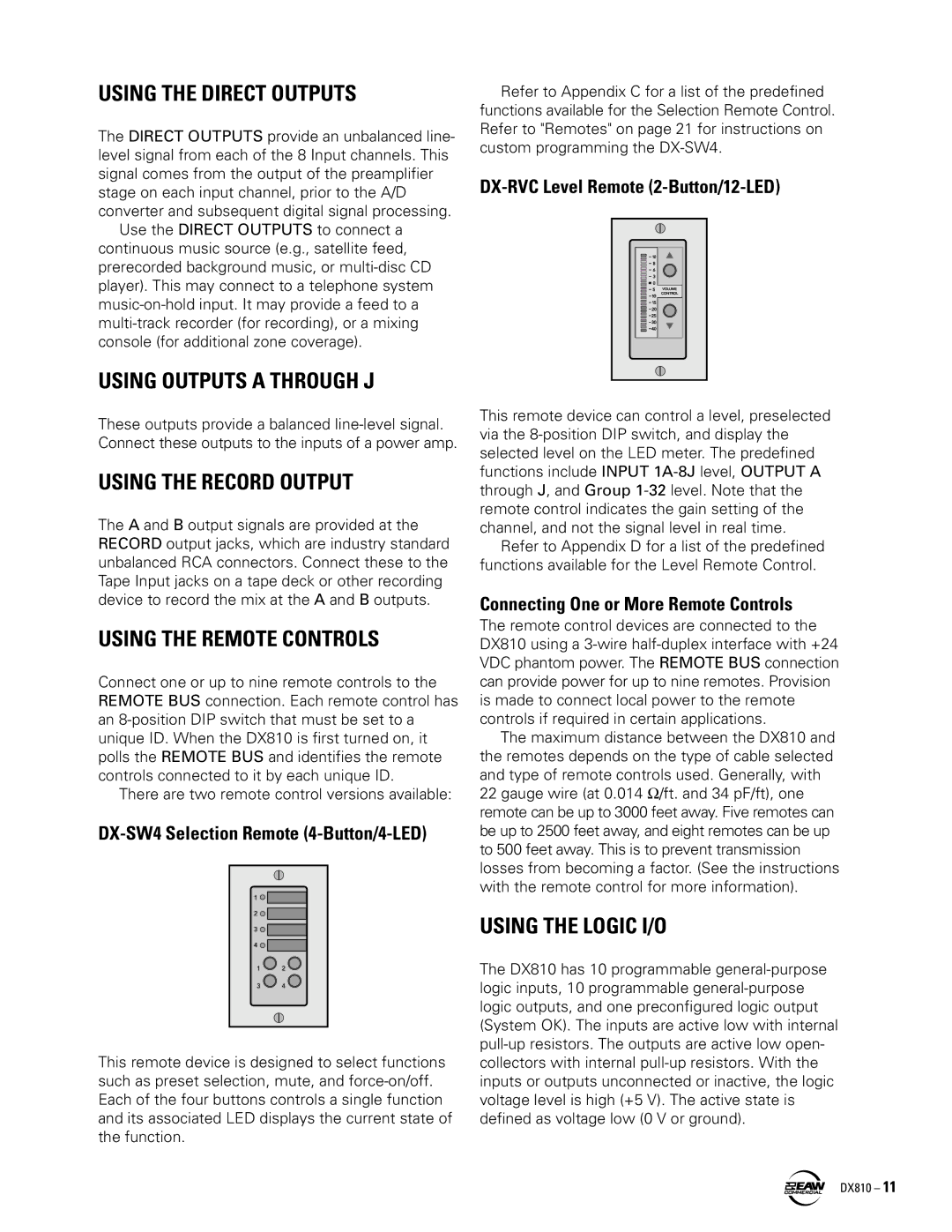 EAW DX810 Using the Direct Outputs, Using Outputs a Through J, Using the Record Output, Using the Remote Controls 