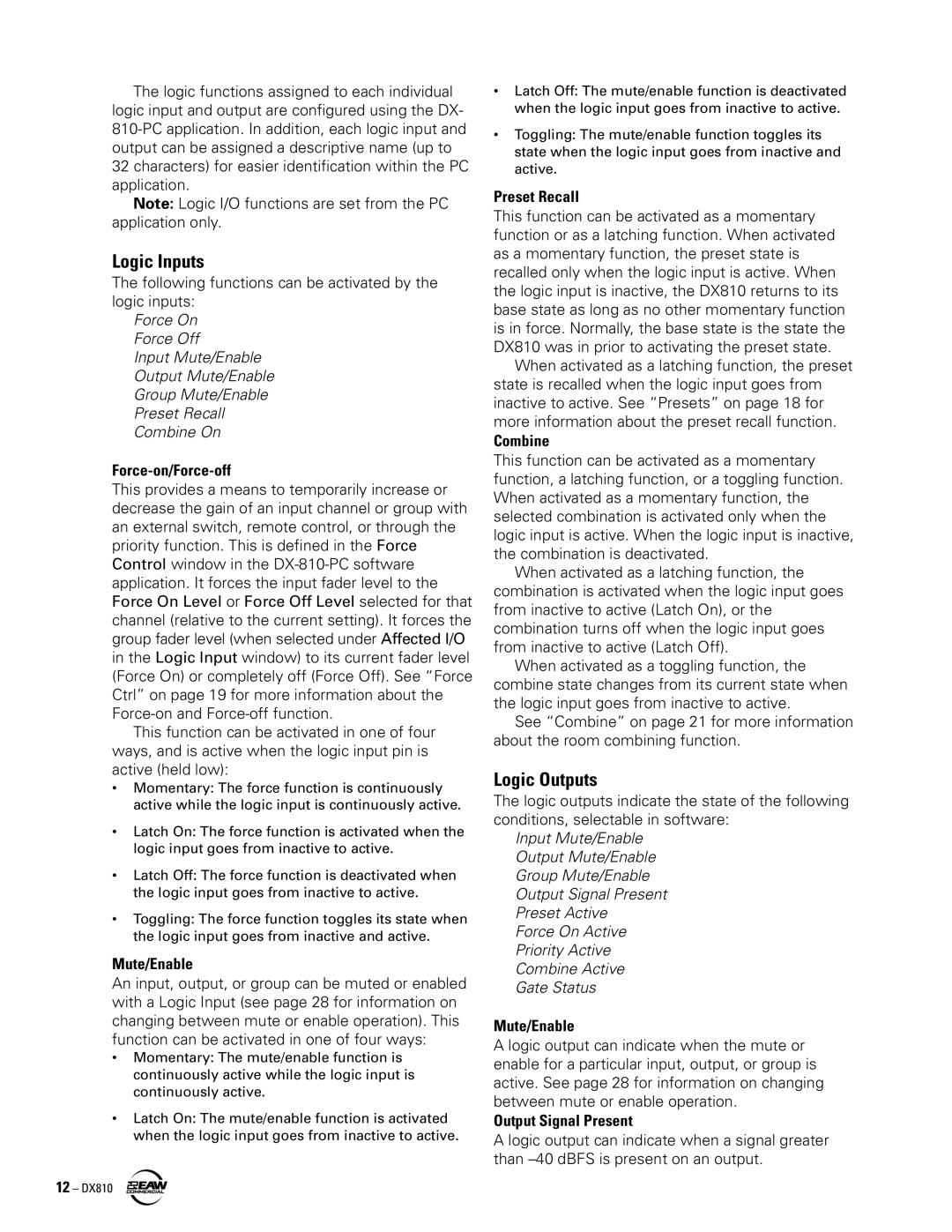 EAW DX810 instruction manual Logic Inputs, Logic Outputs 