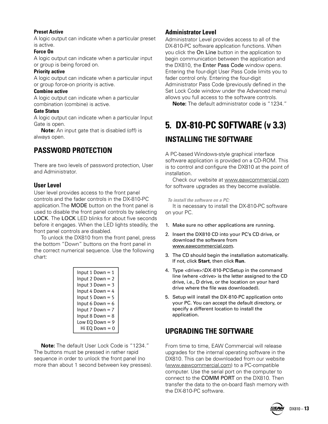 EAW DX810 Password Protection, Installing the Software, Upgrading the Software, User Level, Administrator Level 