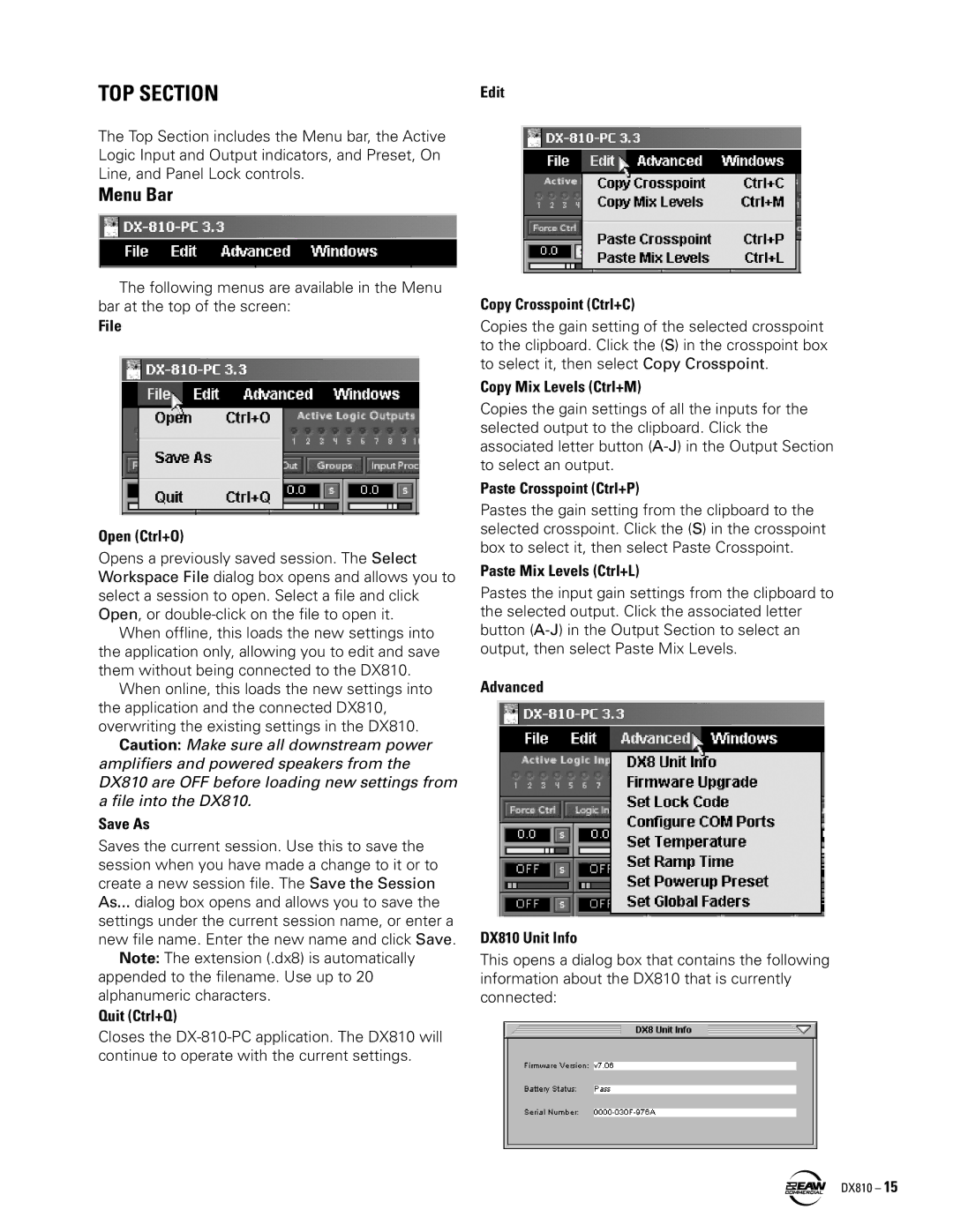 EAW DX810 instruction manual TOP Section, Menu Bar 