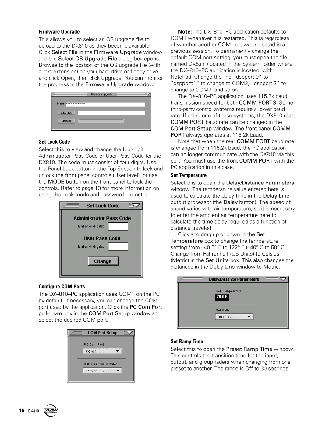 EAW DX810 instruction manual Firmware Upgrade, Set Lock Code, Configure COM Ports, Set Temperature, Set Ramp Time 