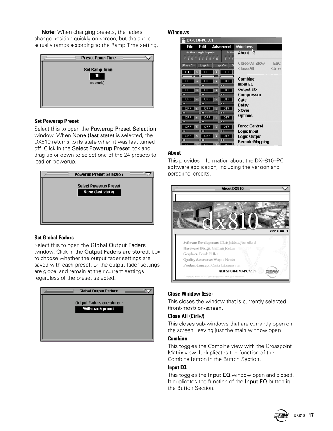 EAW DX810 Set Powerup Preset, Set Global Faders, Windows About, Close Window Esc, Close All Ctrl+, Input EQ 