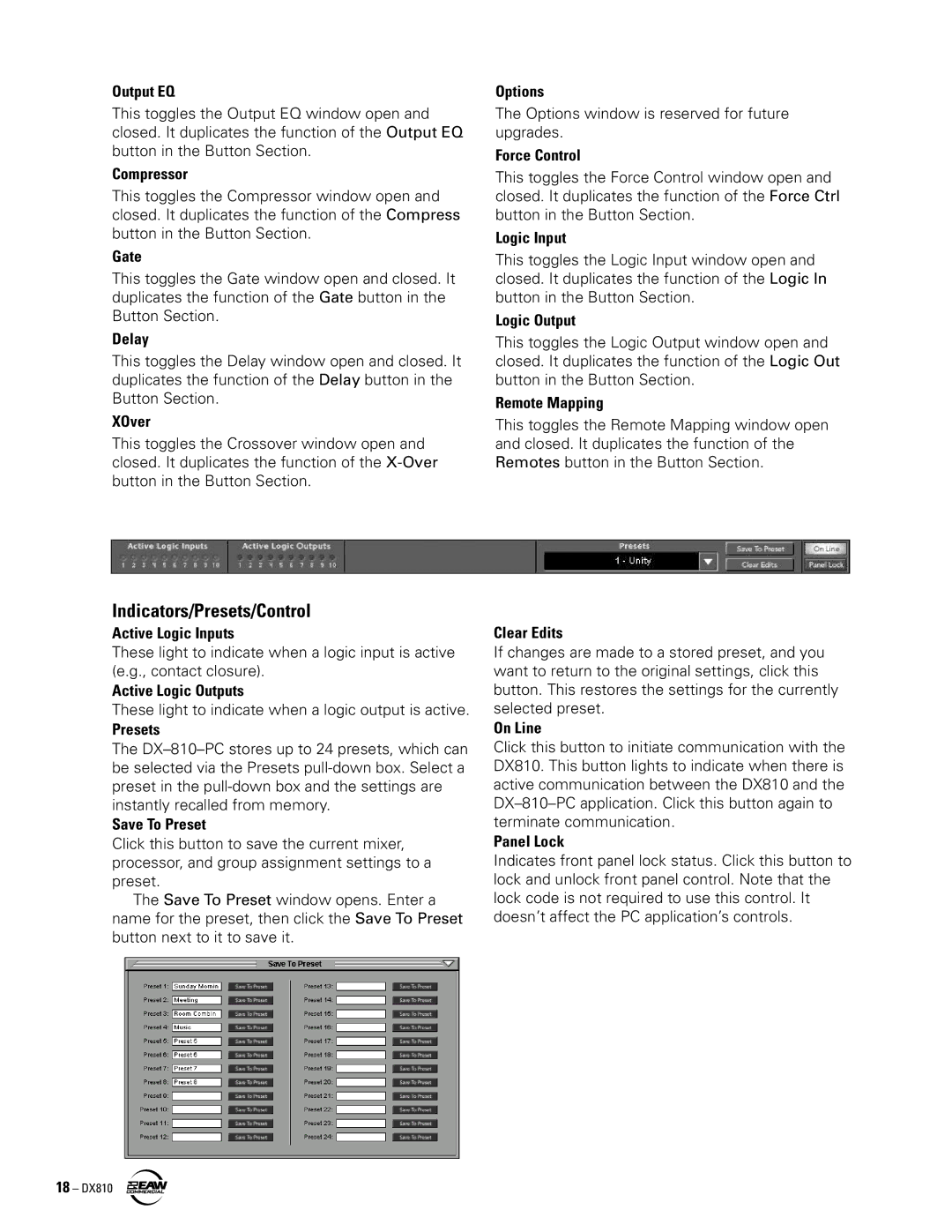 EAW DX810 instruction manual Indicators/Presets/Control 