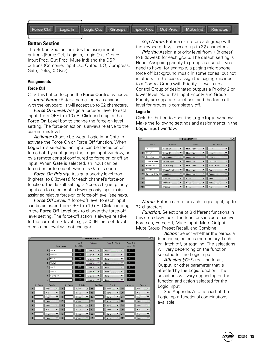 EAW DX810 instruction manual Button Section, Assignments Force Ctrl, Logic 