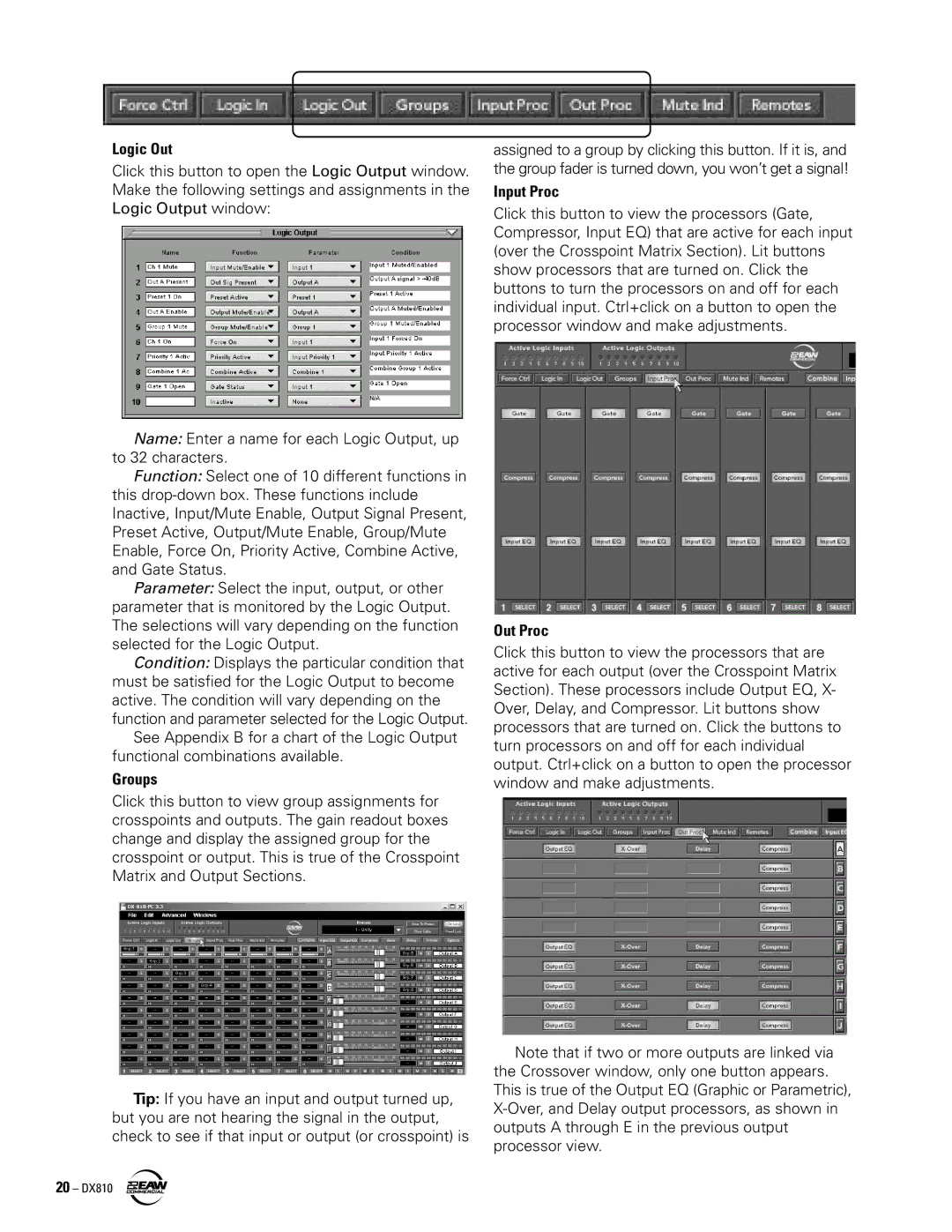 EAW DX810 instruction manual Logic Out, Groups, Input Proc, Out Proc 