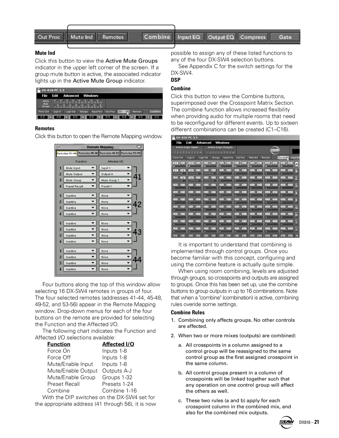 EAW DX810 instruction manual Mute Ind, Remotes, Function Affected I/O, Combine Rules 