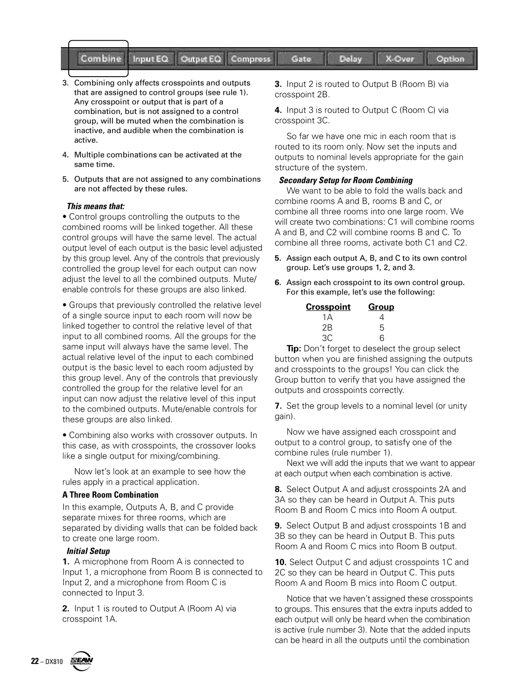 EAW DX810 instruction manual Three Room Combination, Crosspoint Group 