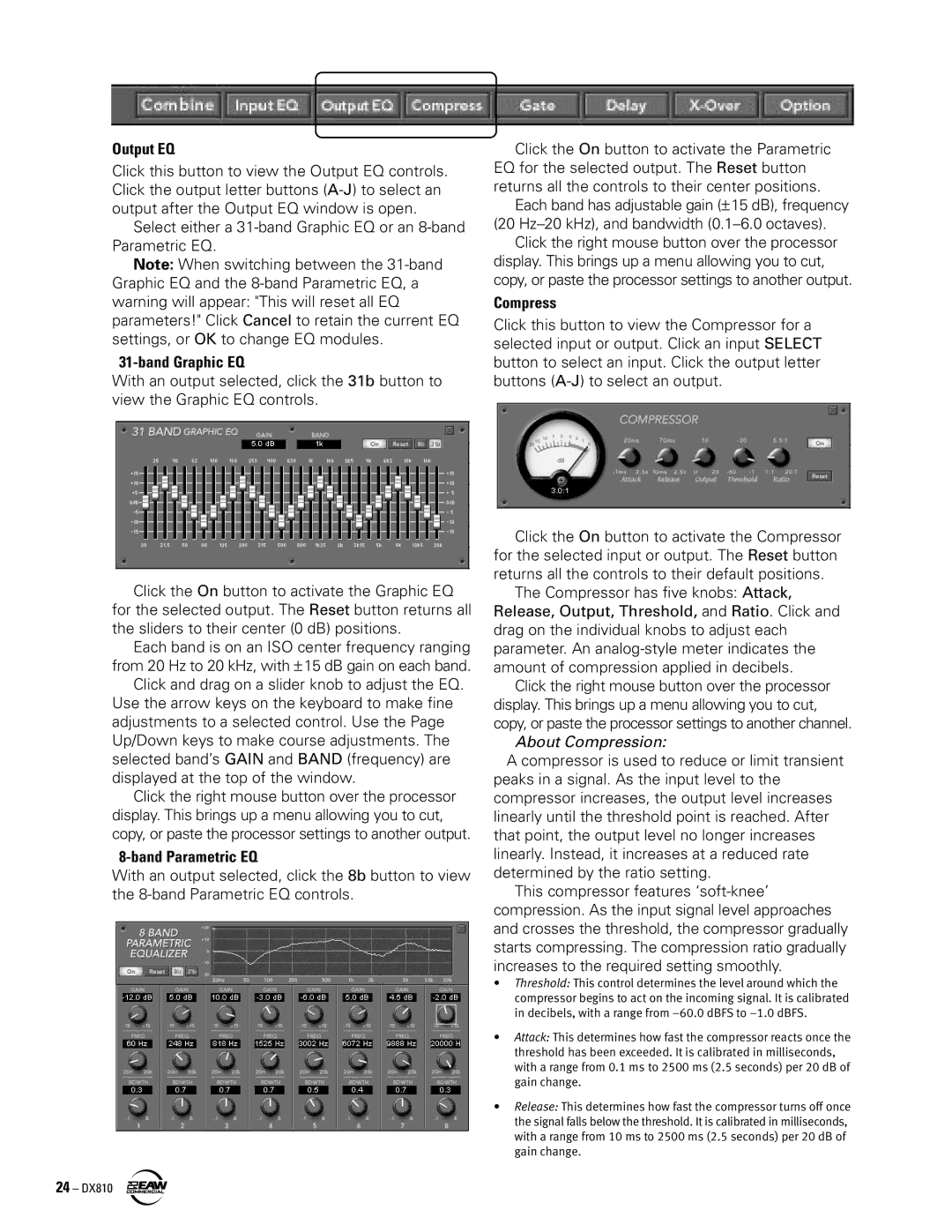 EAW DX810 instruction manual Band Graphic EQ, Band Parametric EQ, Compress 